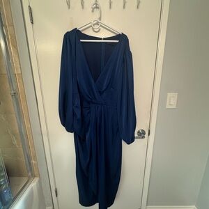 Eloquii Blue Plunge Neck Bishop Sleeve Gown